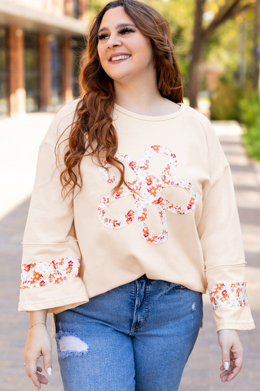 Beige Plus Size Flower Patched Side Slits Crewneck Top