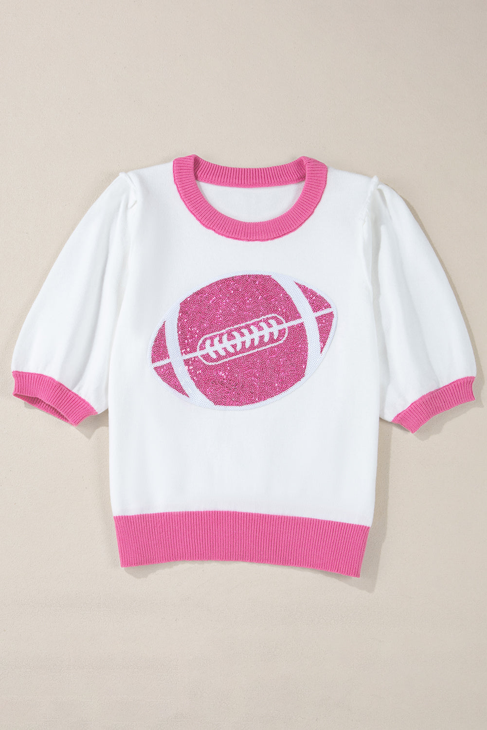 Purple Sequin Rugby Color Block Puff Short Sleeve Sweater