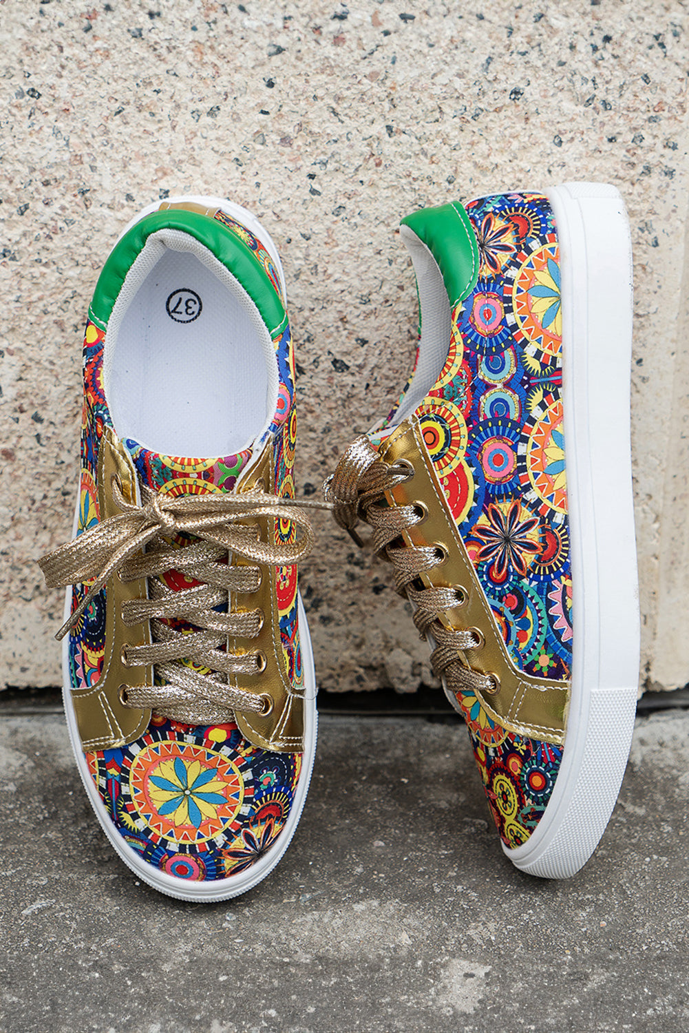 Gold Boho Geometric print Lace Up Sneakers