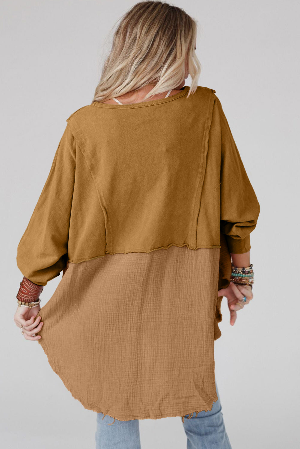 Crinkle Splicing Raw Hem High Low Oversized Blouse