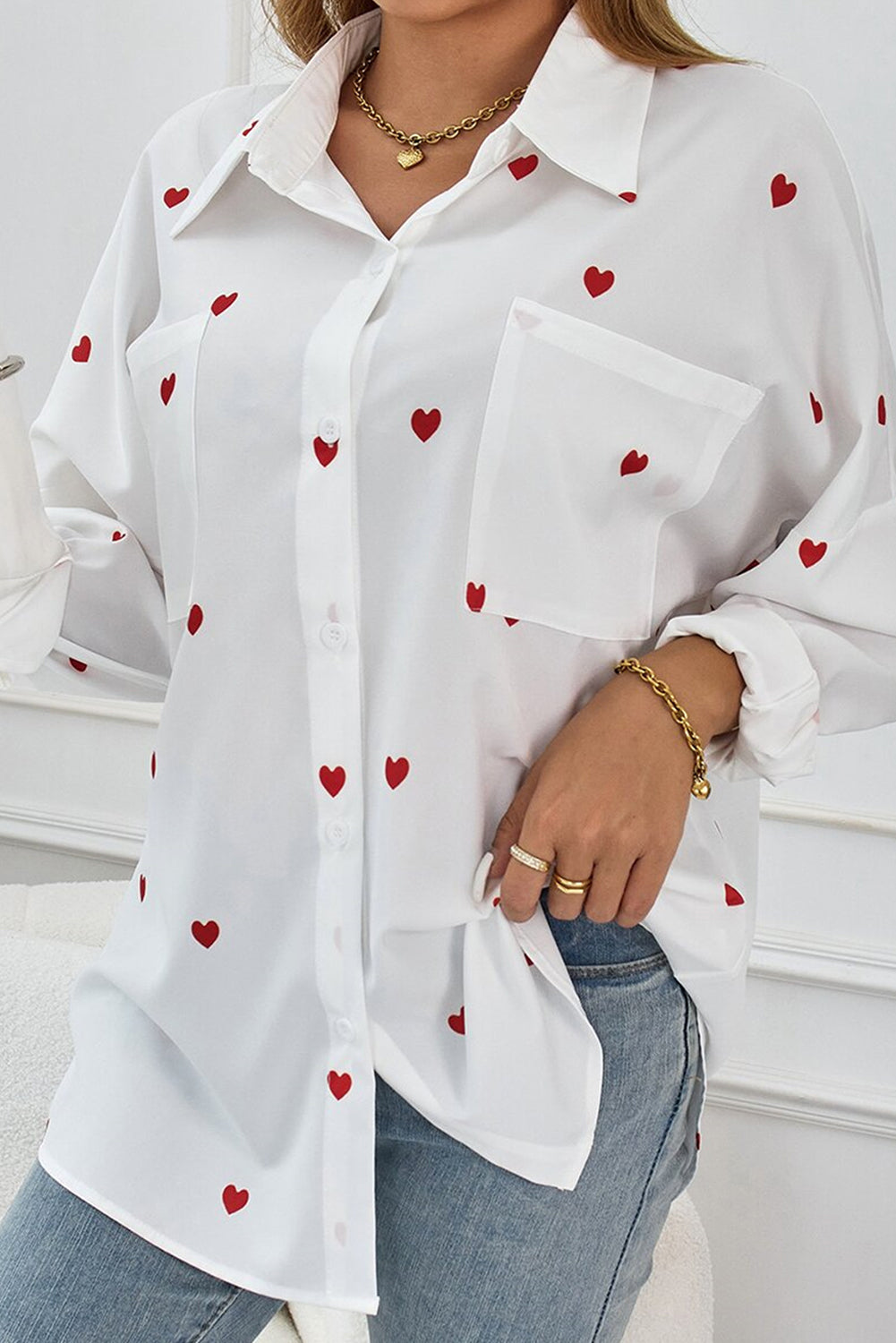 White Valentine Heart Print Button-Up Shirt