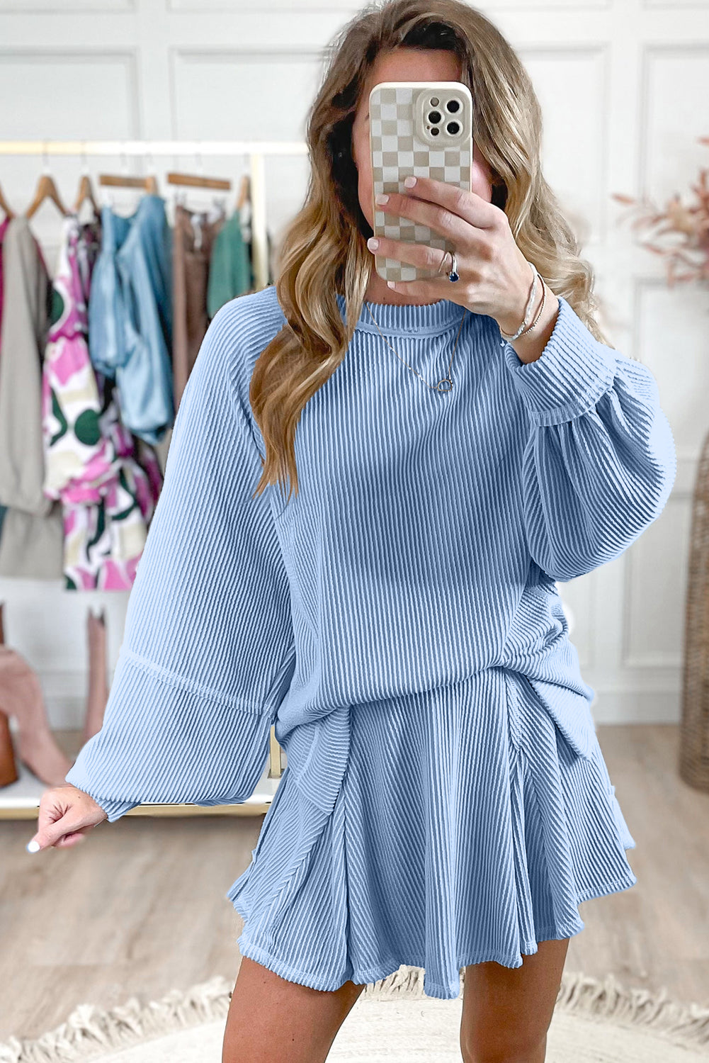 Sky Blue Corded Lantern Sleeve Pullover Ruffle Mini Skirt Set