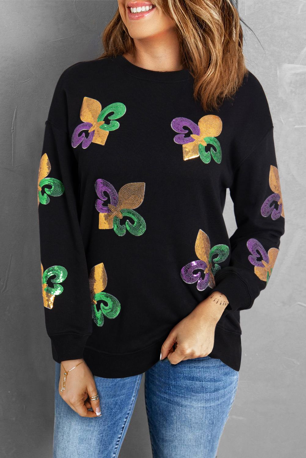 Black Sequin Mardi Gras Graphic Pullover Sweatshirt