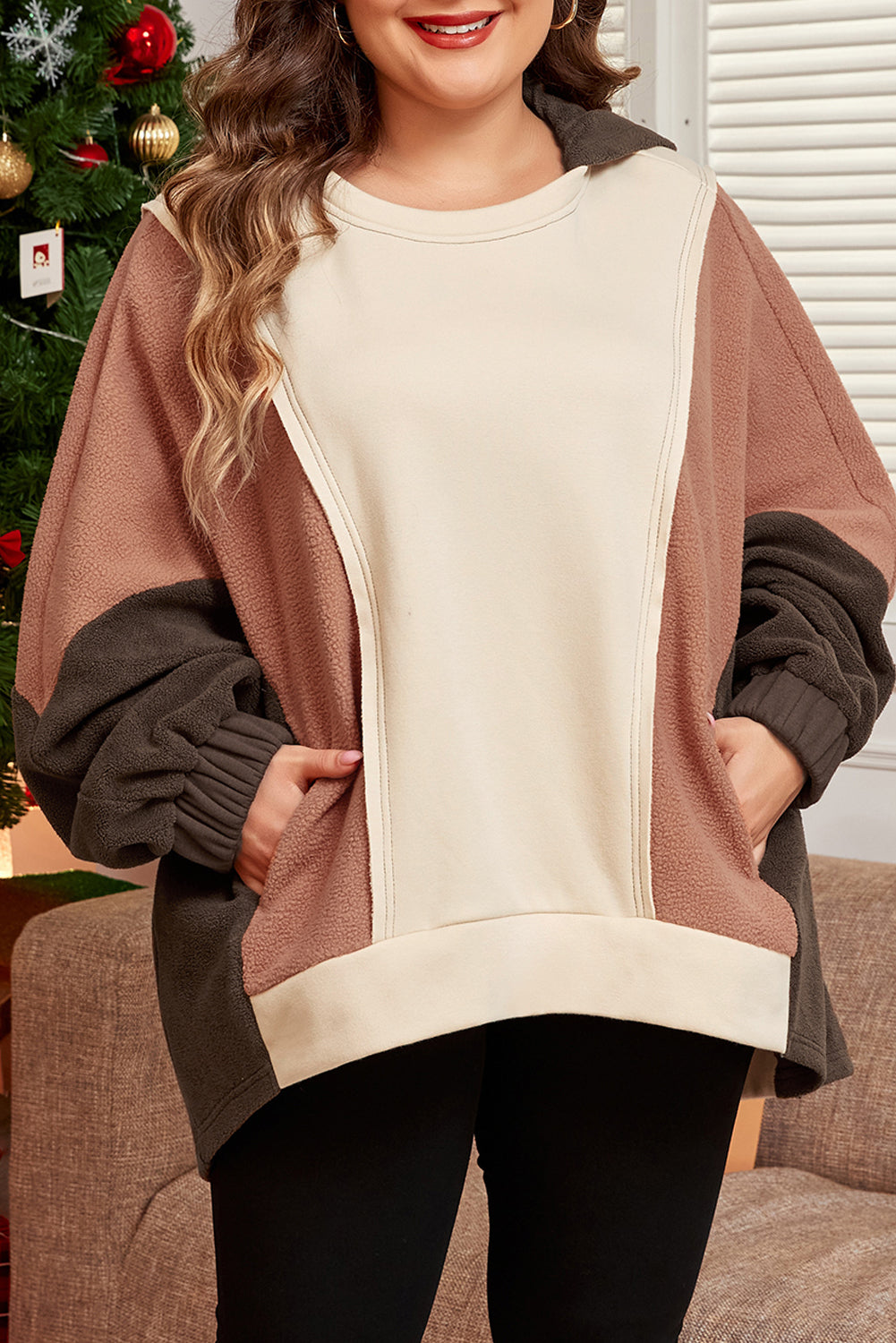 Brown Plus Size Exposed Seam Patchwork Sweatshirt