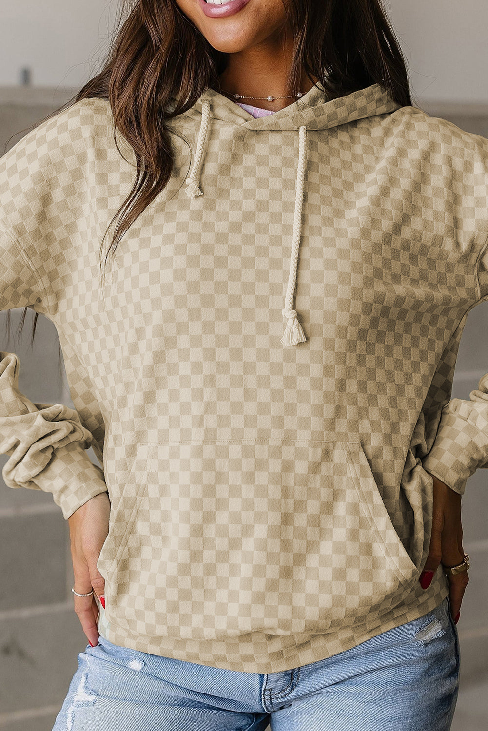 Khaki Checkered Kangaroo Pocket Hoodie