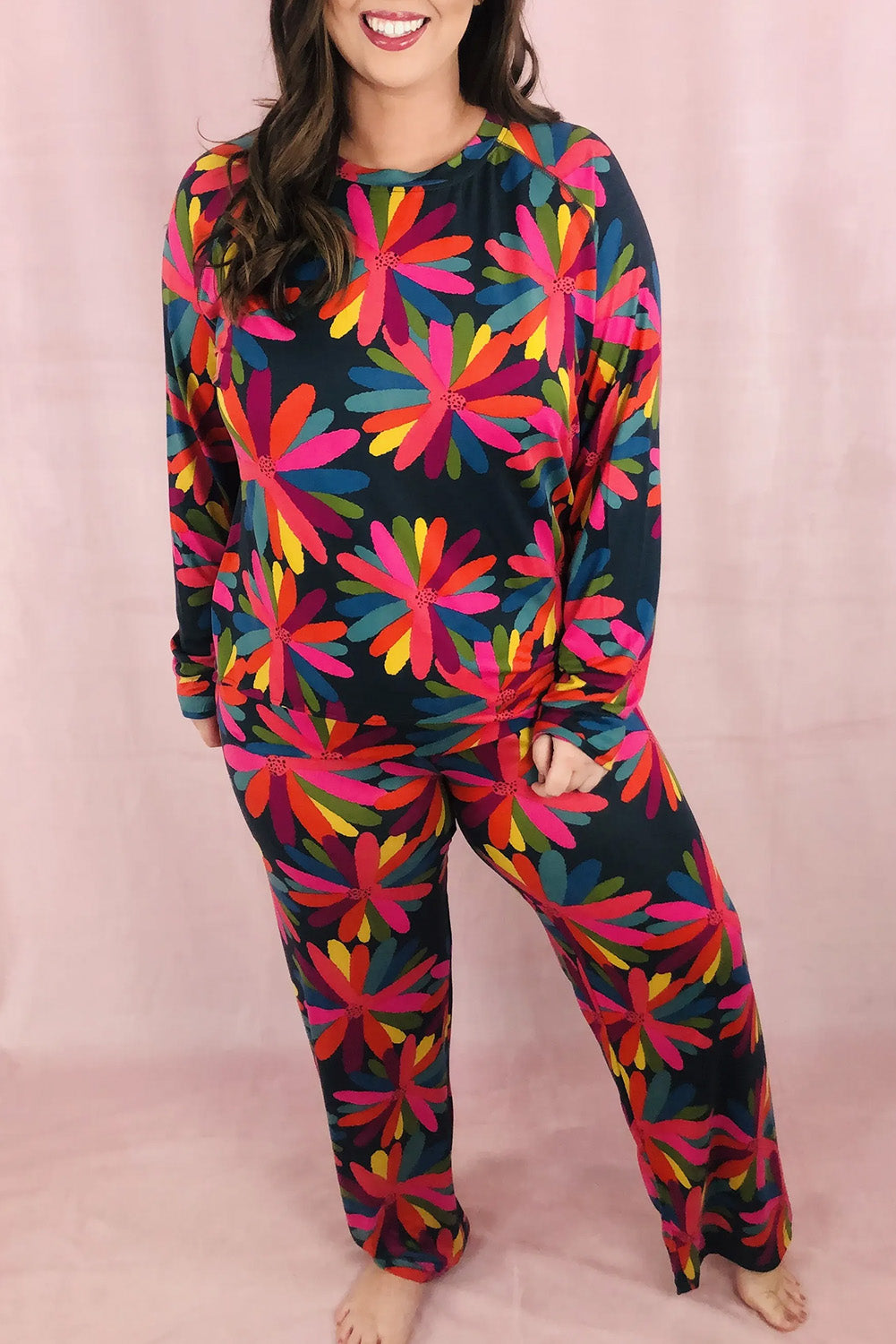 Green Plus Size Printed Long Sleeve and Pants Lounge Set