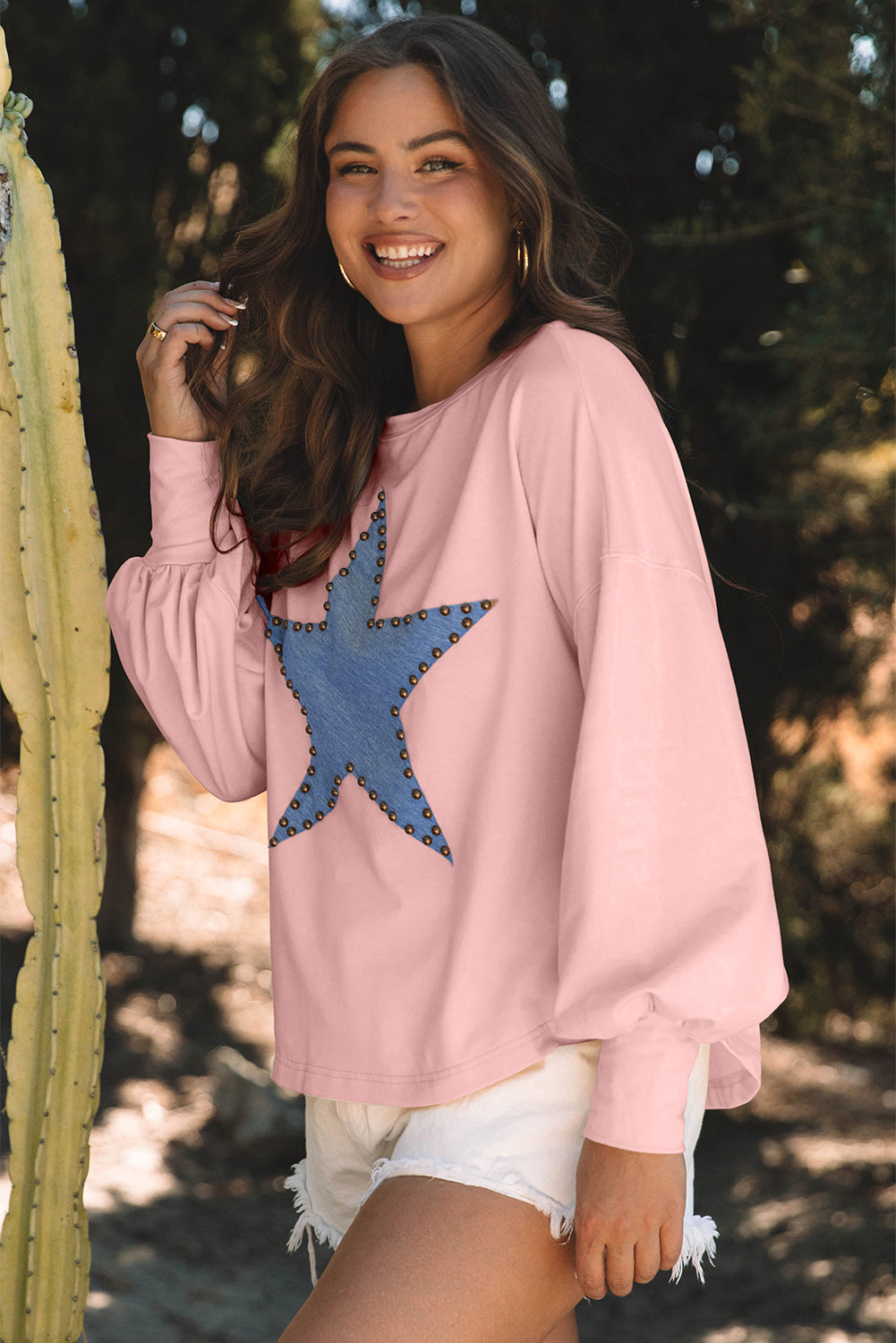 Black Studded Star Graphic Oversized Long Sleeve Top