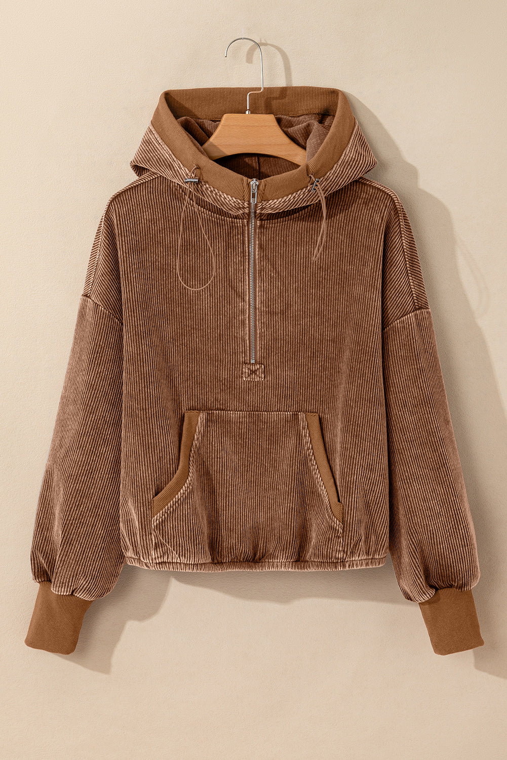 Chestnut Half Zipper Kangaroo Pocket Drawstring Corduroy Hoodie