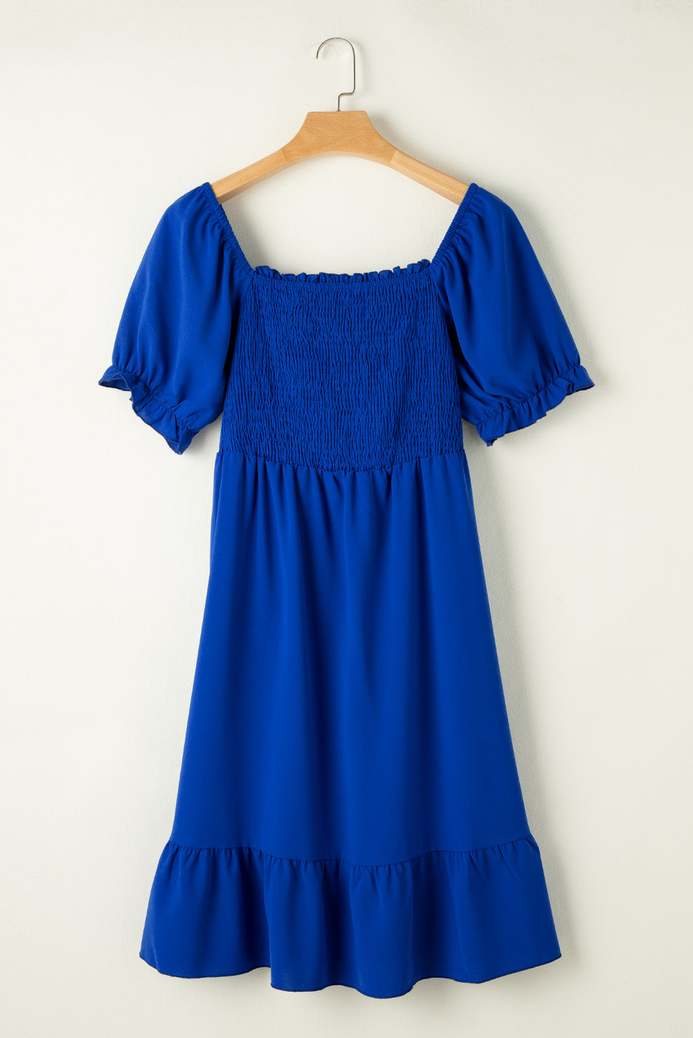 Dark Blue Shirred Ruffled Square Neck Plus Size Mini Dress