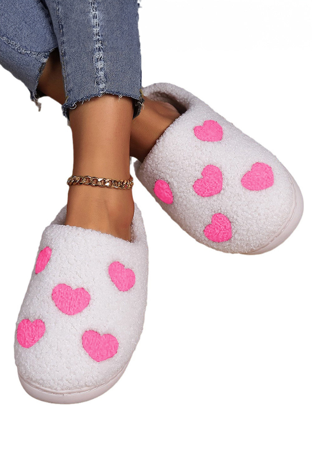 Pink Valentines Day Hearts Print Plush Slippers