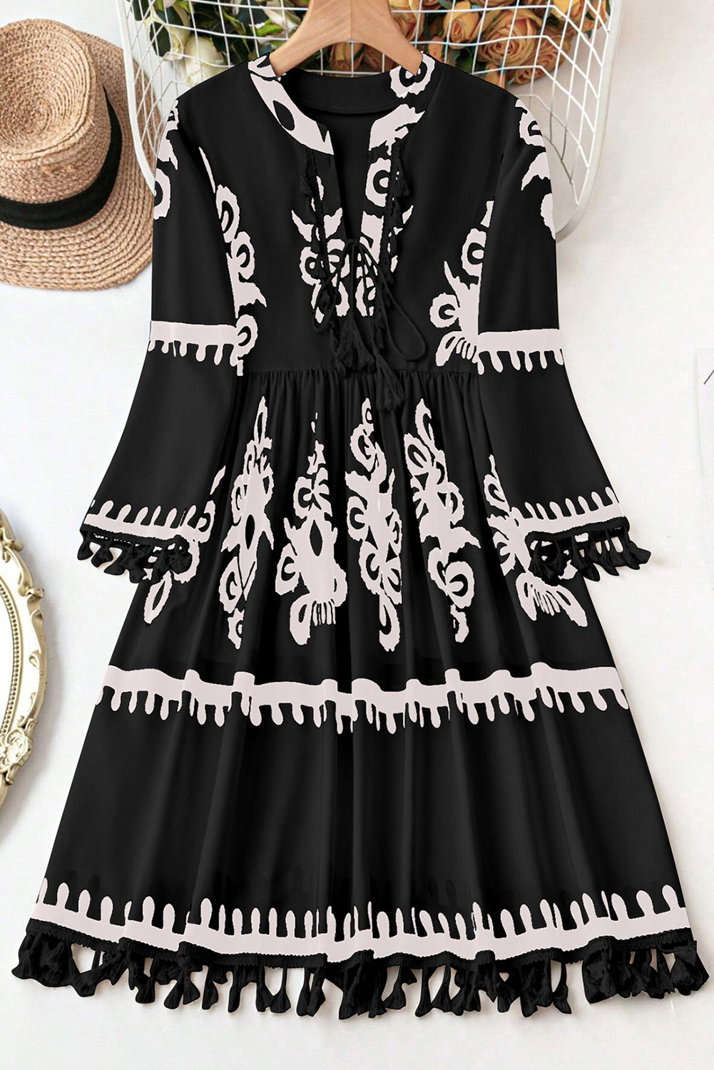 Black Plus Size Western Floral Print Fringed V Neck Dress