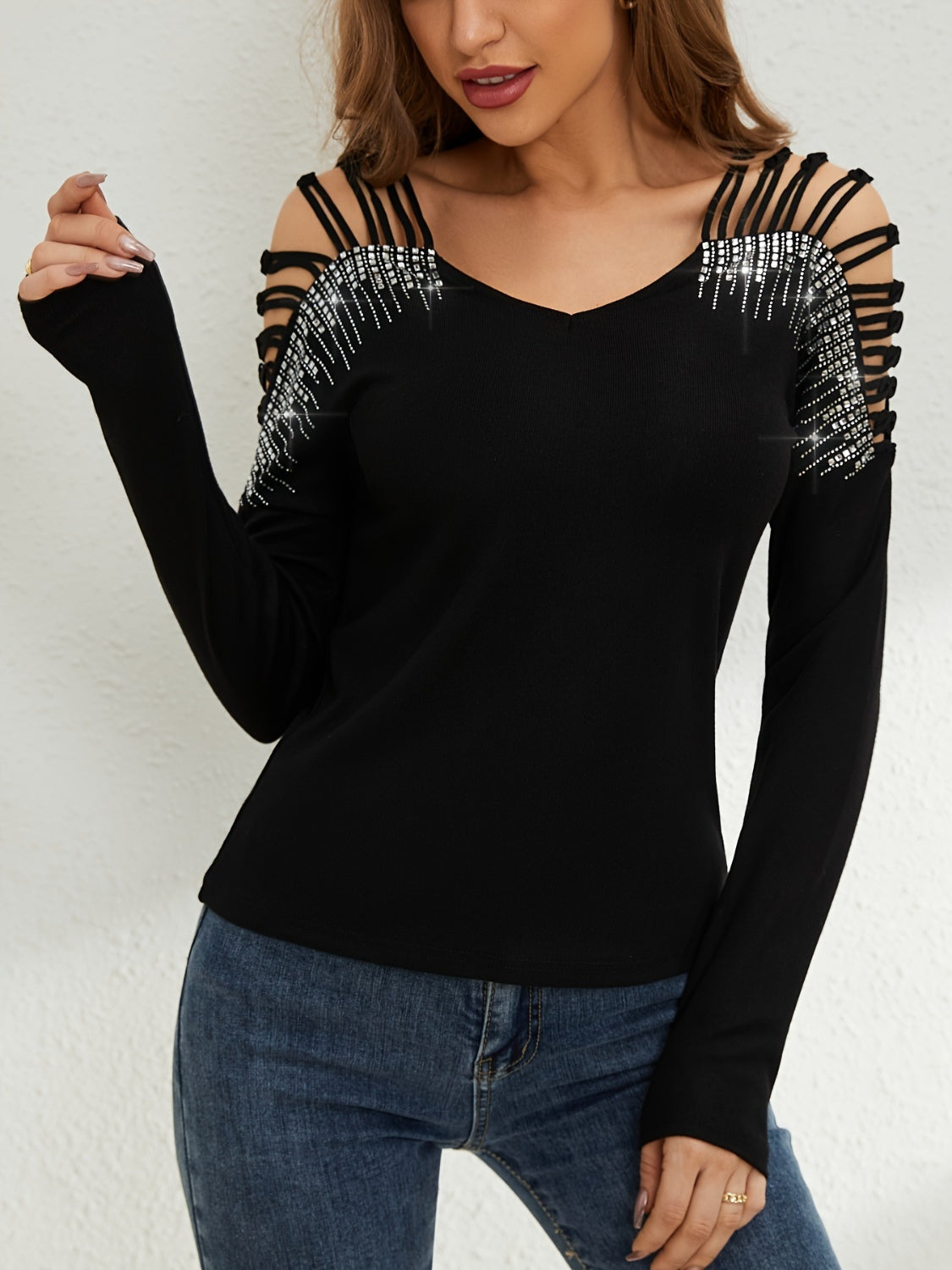 Rhinestone Cutout Long Sleeve T-Shirt