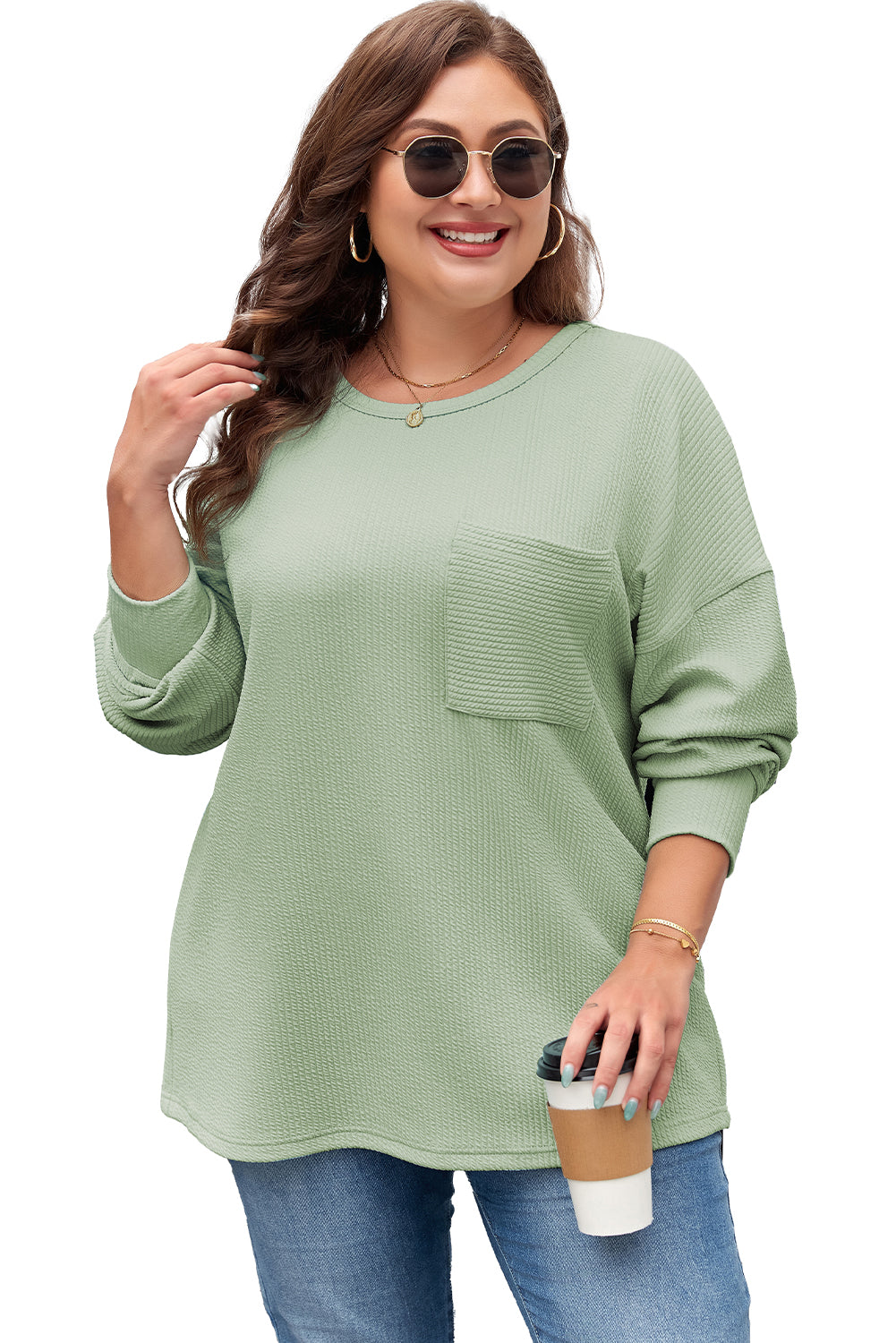 Clearly Aqua Ribbed Pocketed Plus Size Top