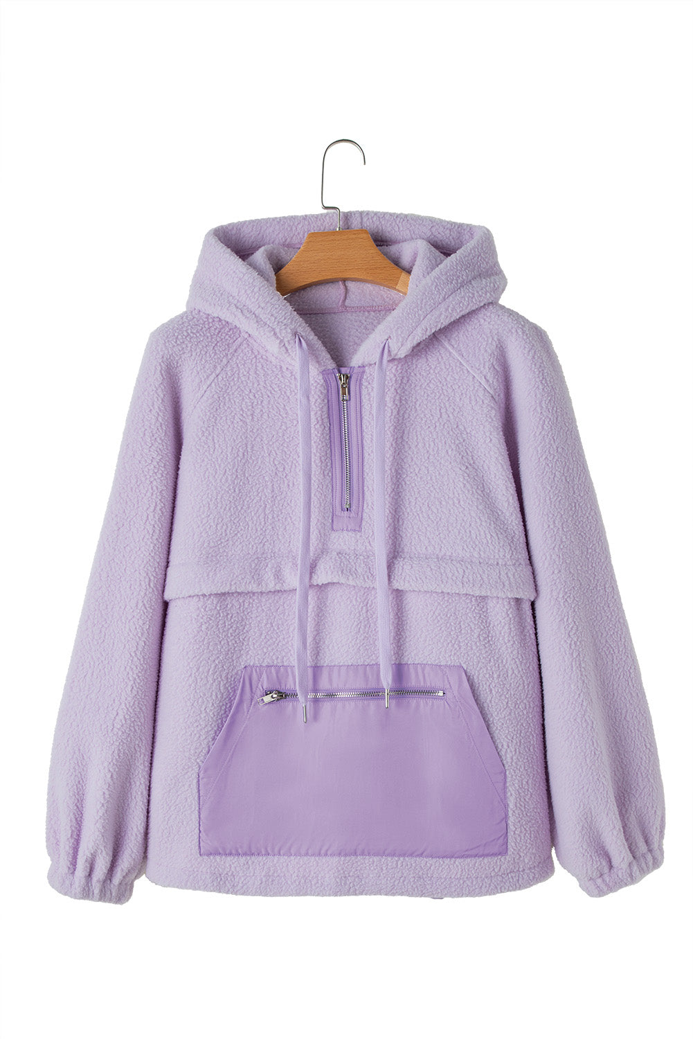 Lavendula Zipped Patch Pocket Fuzzy Drawstring Hoodie