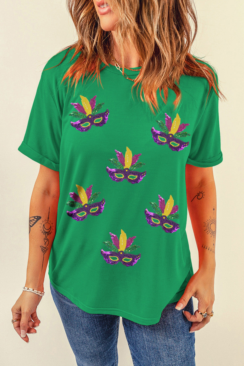 Bright Green Sequin Mardi Gras Pattern Graphic Crewneck Tee