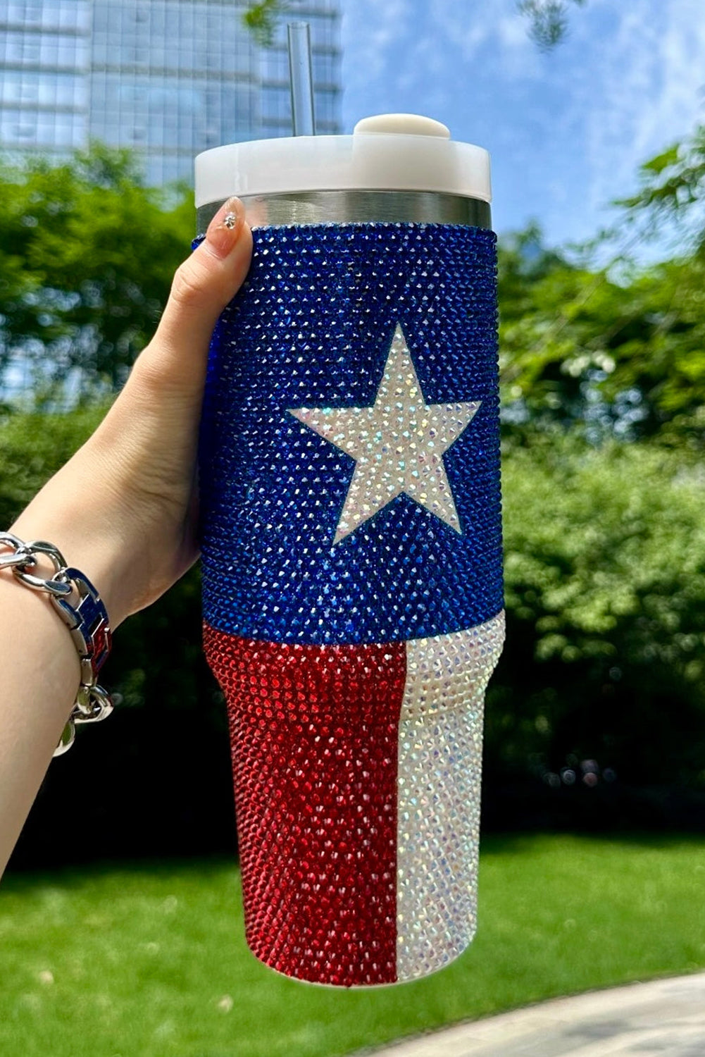 Dark Blue Texas Flag Star Full Rhinestone Handle Tumbler 40oz