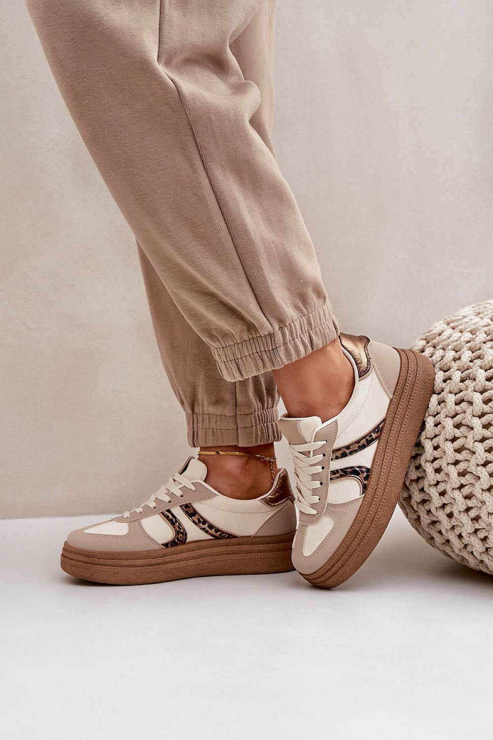 Neutral with Leopard accent Fashion Sneakers