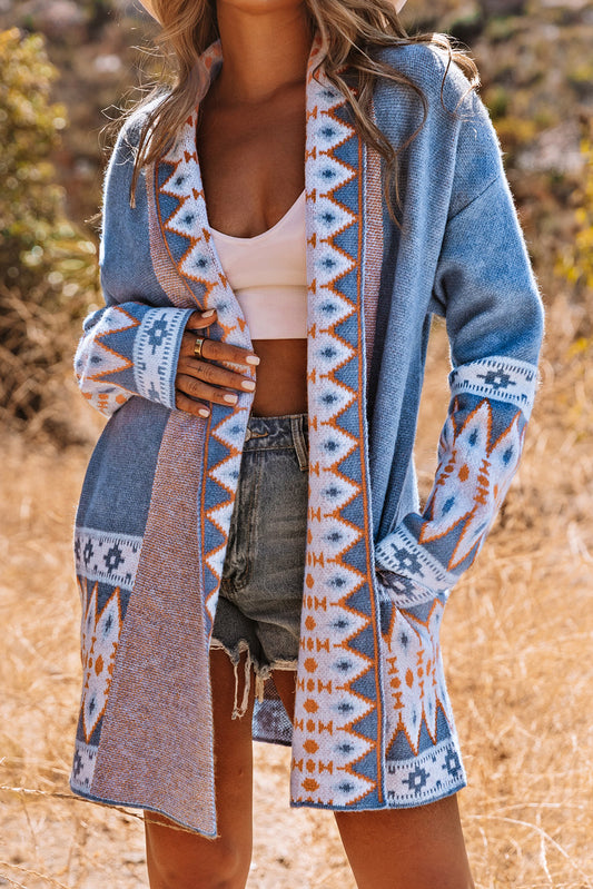 Blue Geometric Print Open Front Knit Cardigan