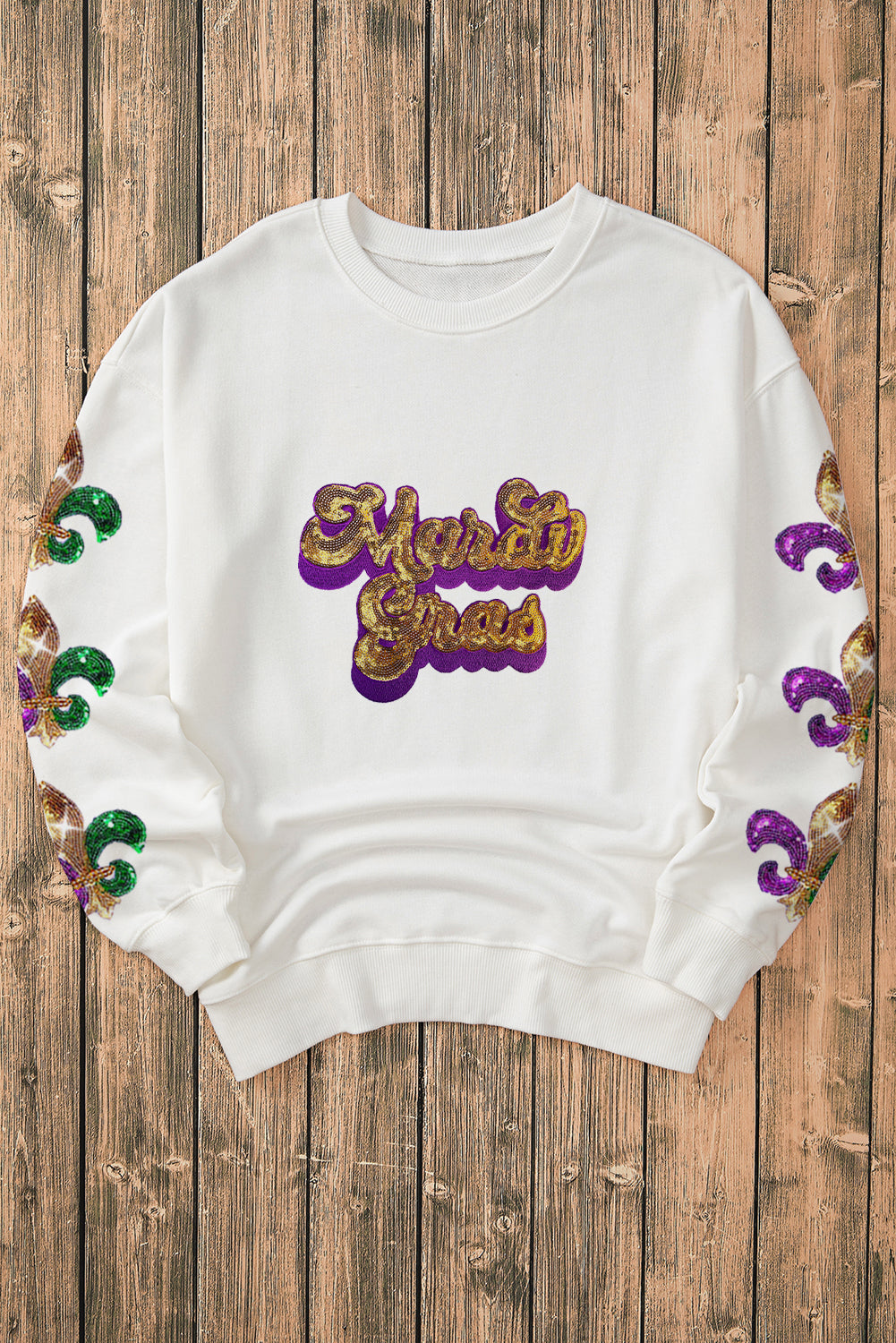 Beige Sequin Mardi Gras Patched Pattern Fleur de Lis Sleeve Sweatshirt