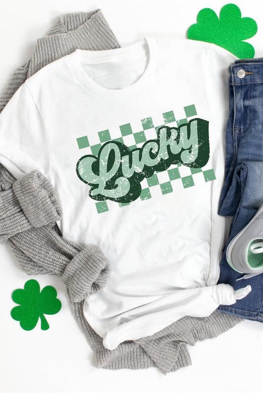 White St Patricks Day Lucky Letter Crewneck Tee