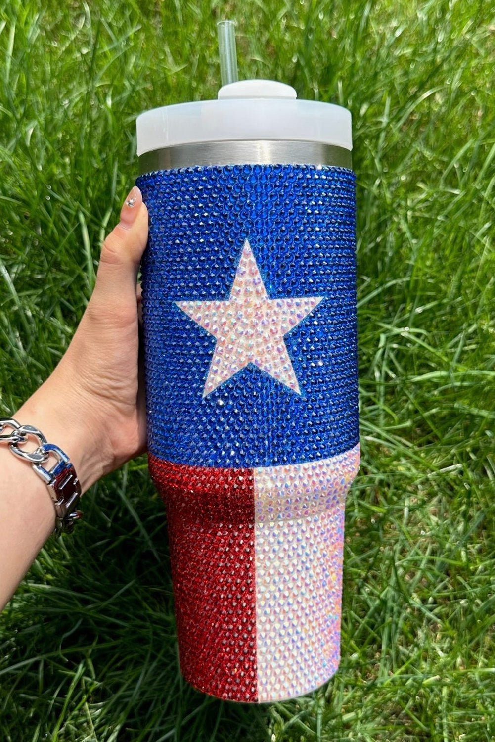 Dark Blue Texas Flag Star Full Rhinestone Handle Tumbler 40oz