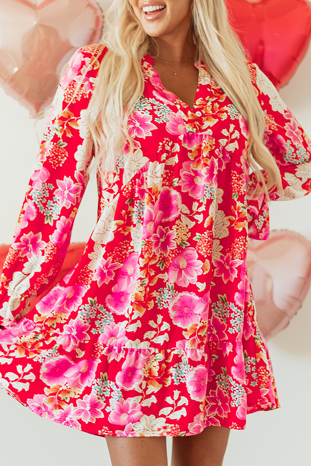 Red Floral Print High Waist V Neck Babydoll Mini Dress