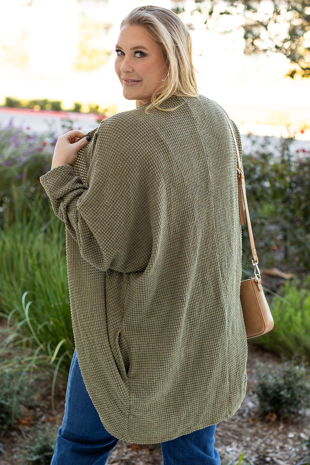 Seagrass Waffle Knit Drop Shoulder Open Front Pocketed Plus Size Cardigan