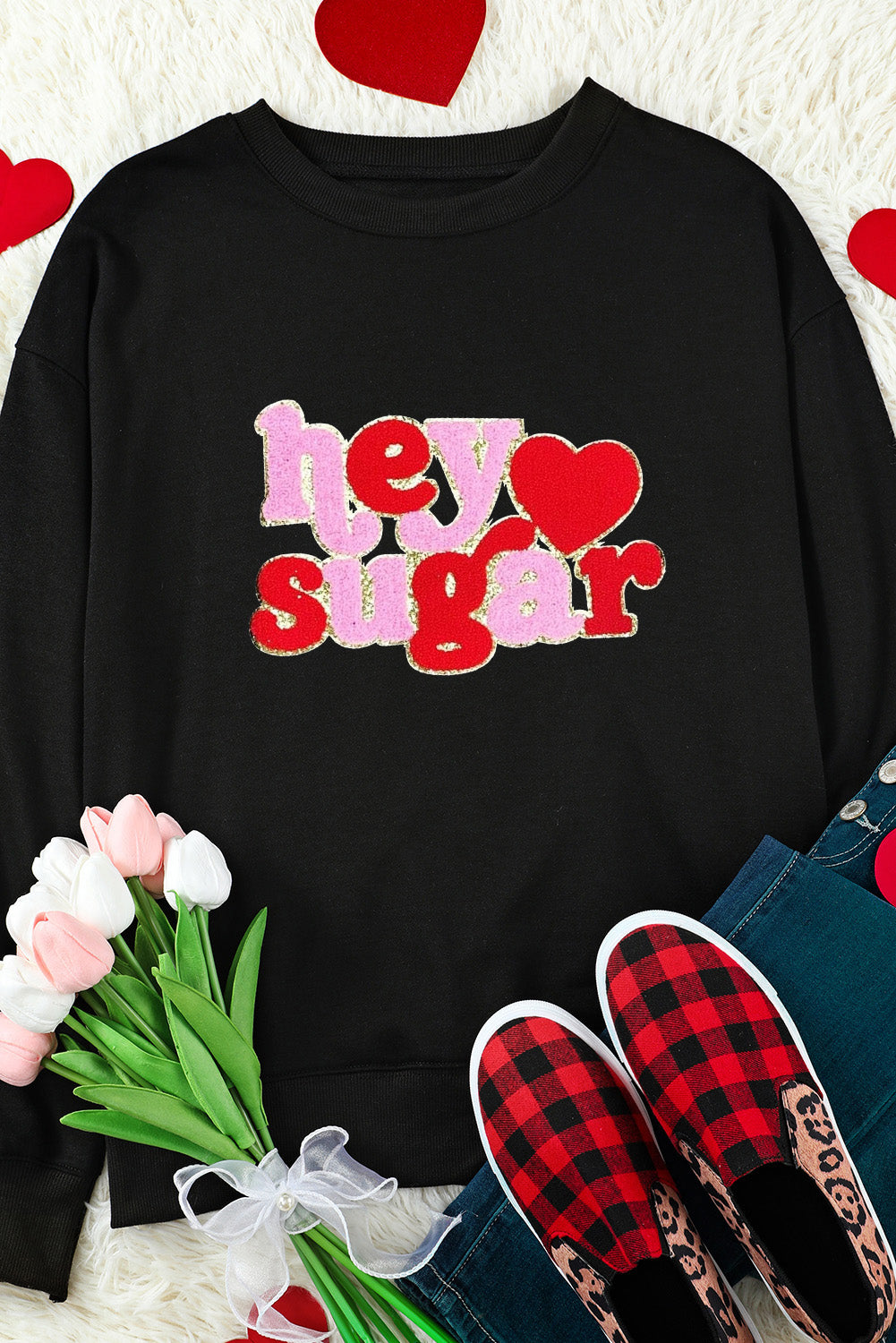 Pink Chenille Heart Pattern Valentines Graphic Sweatshirt