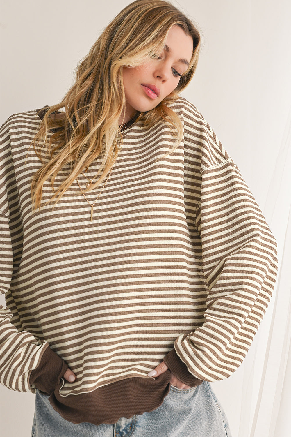 Purple Stripe Drop Shoulder Long Sleeve Top