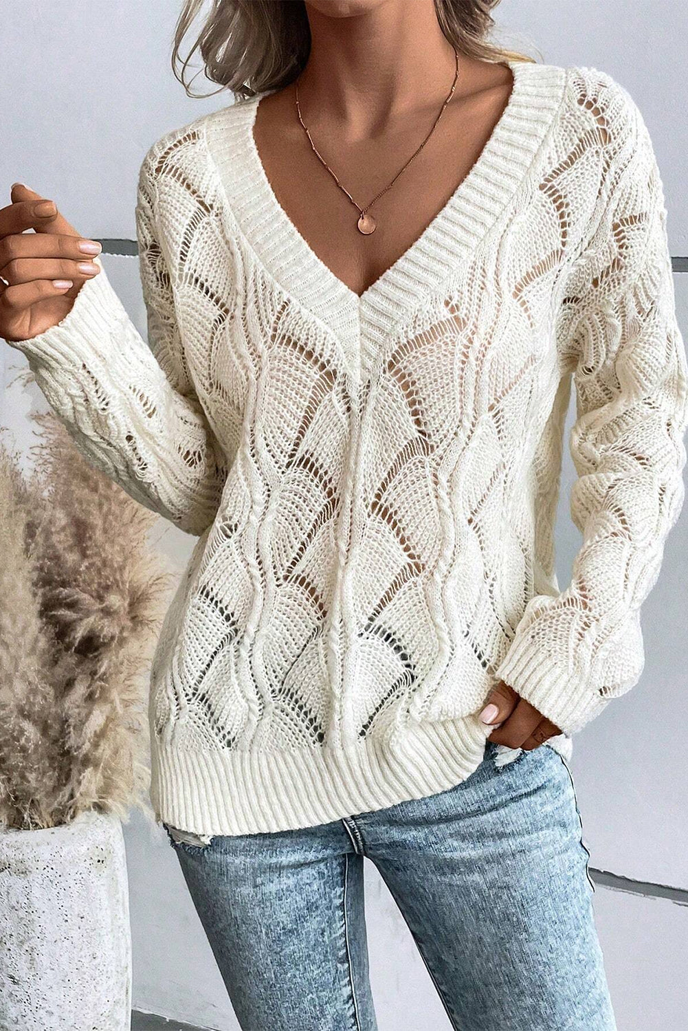 Black Hollow Out Knit V Neck Drop Shoulder Sweater