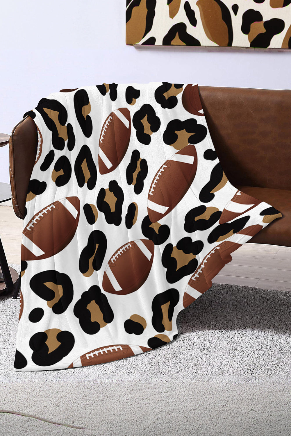 White Leopard & Football Print Flannel Blanket 130*150cm