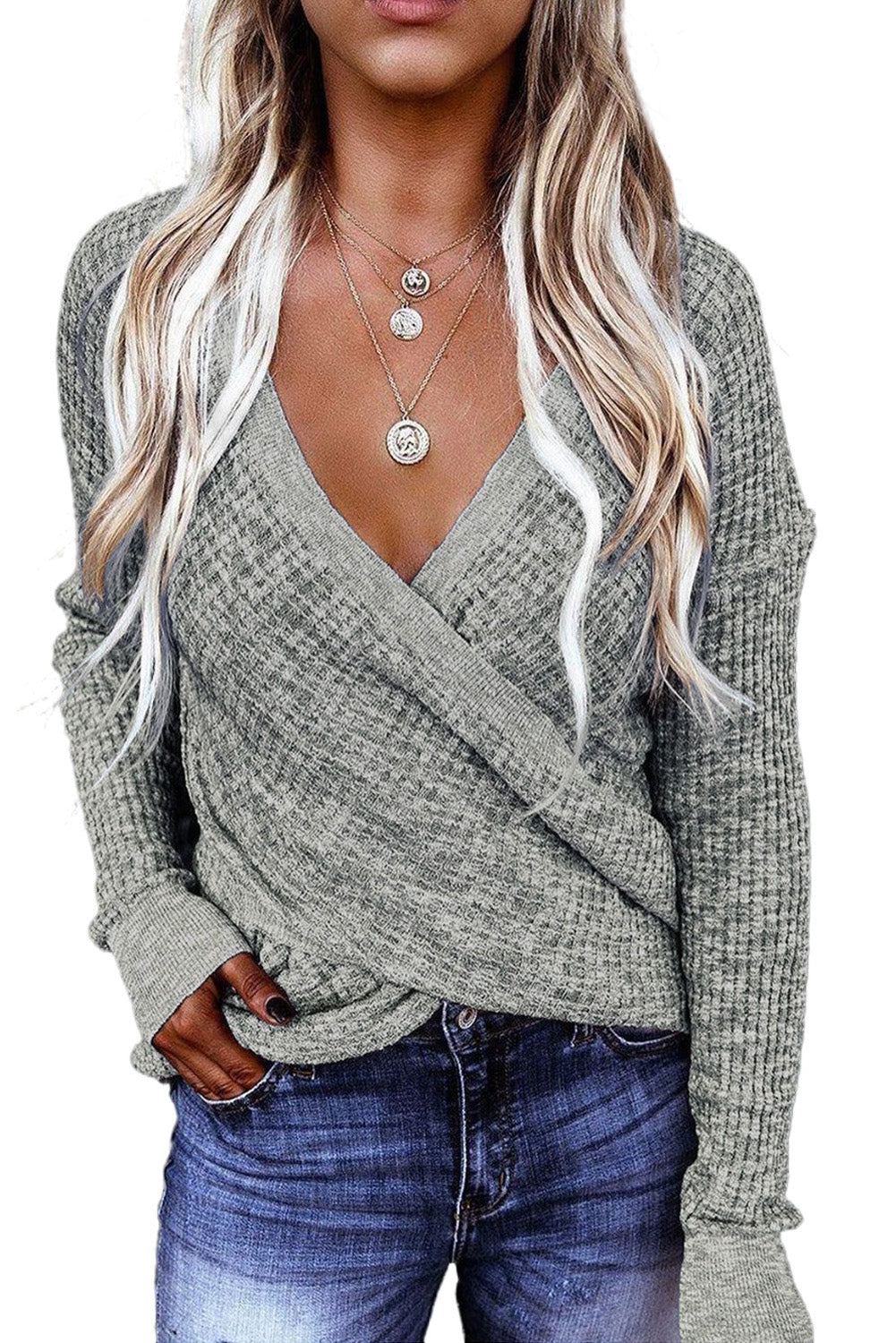 Grey Wrap Deep V-neck Casual Long Sleeve Knit Sweater