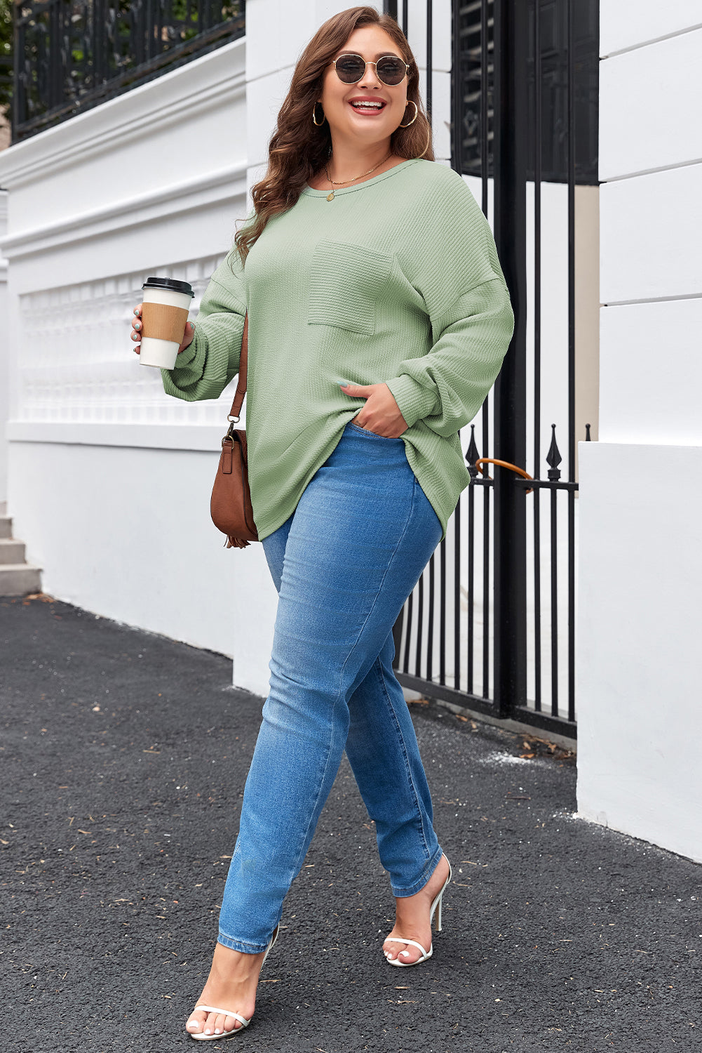 Clearly Aqua Ribbed Pocketed Plus Size Top