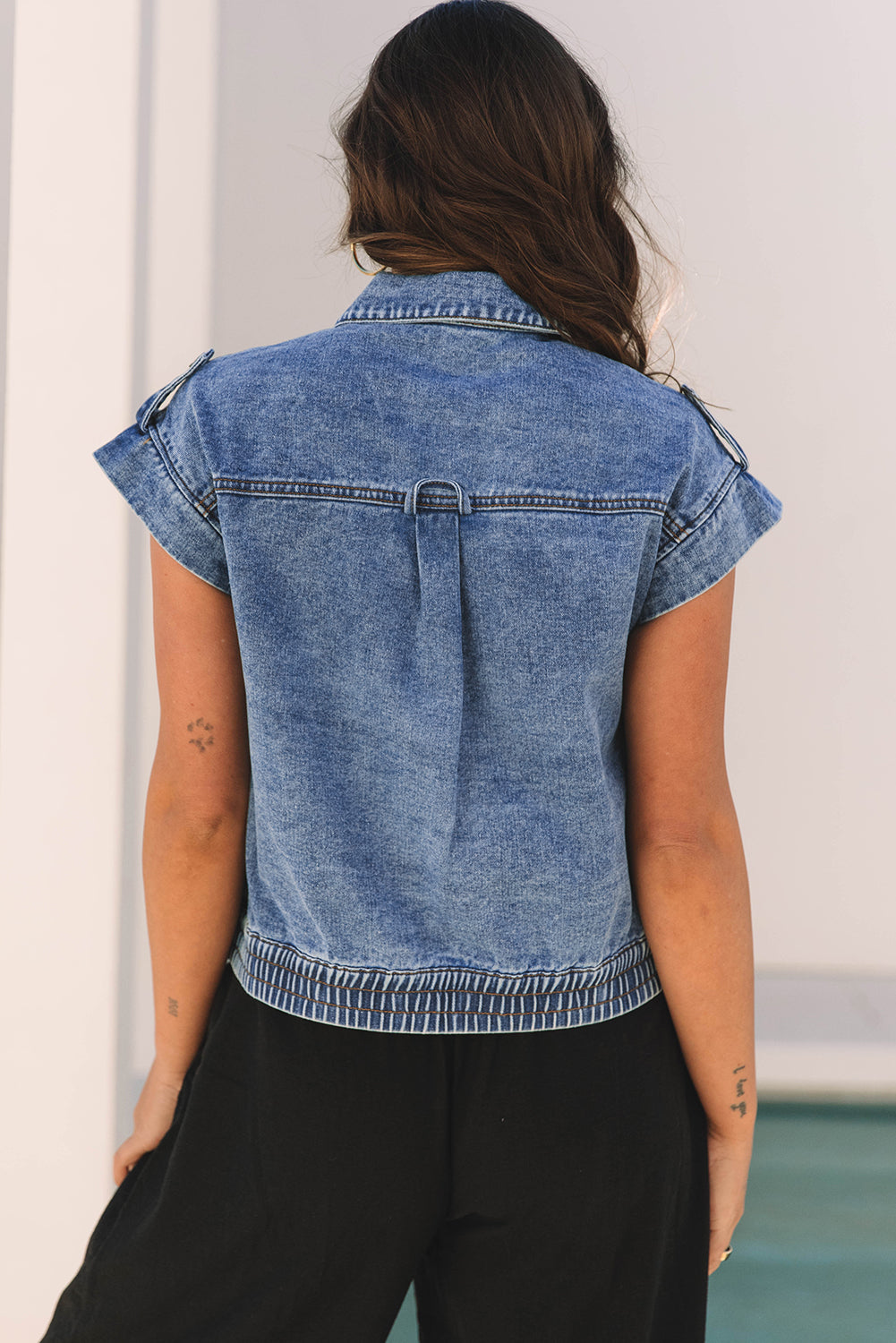 Ashleigh Blue Acid Wash Elastic Hem Button Up Denim Vest