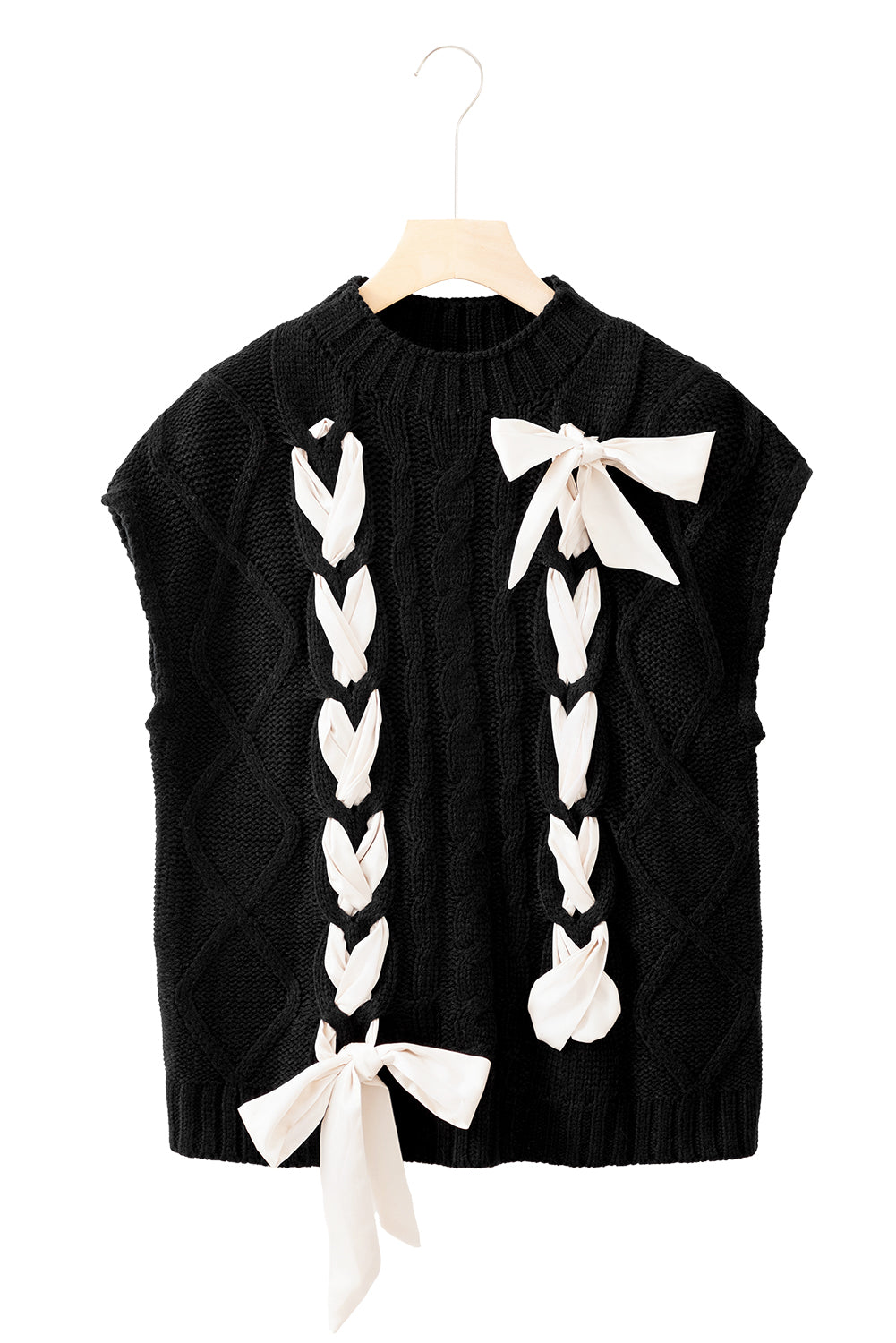 Black Satin Bowknot Cable Knit Top