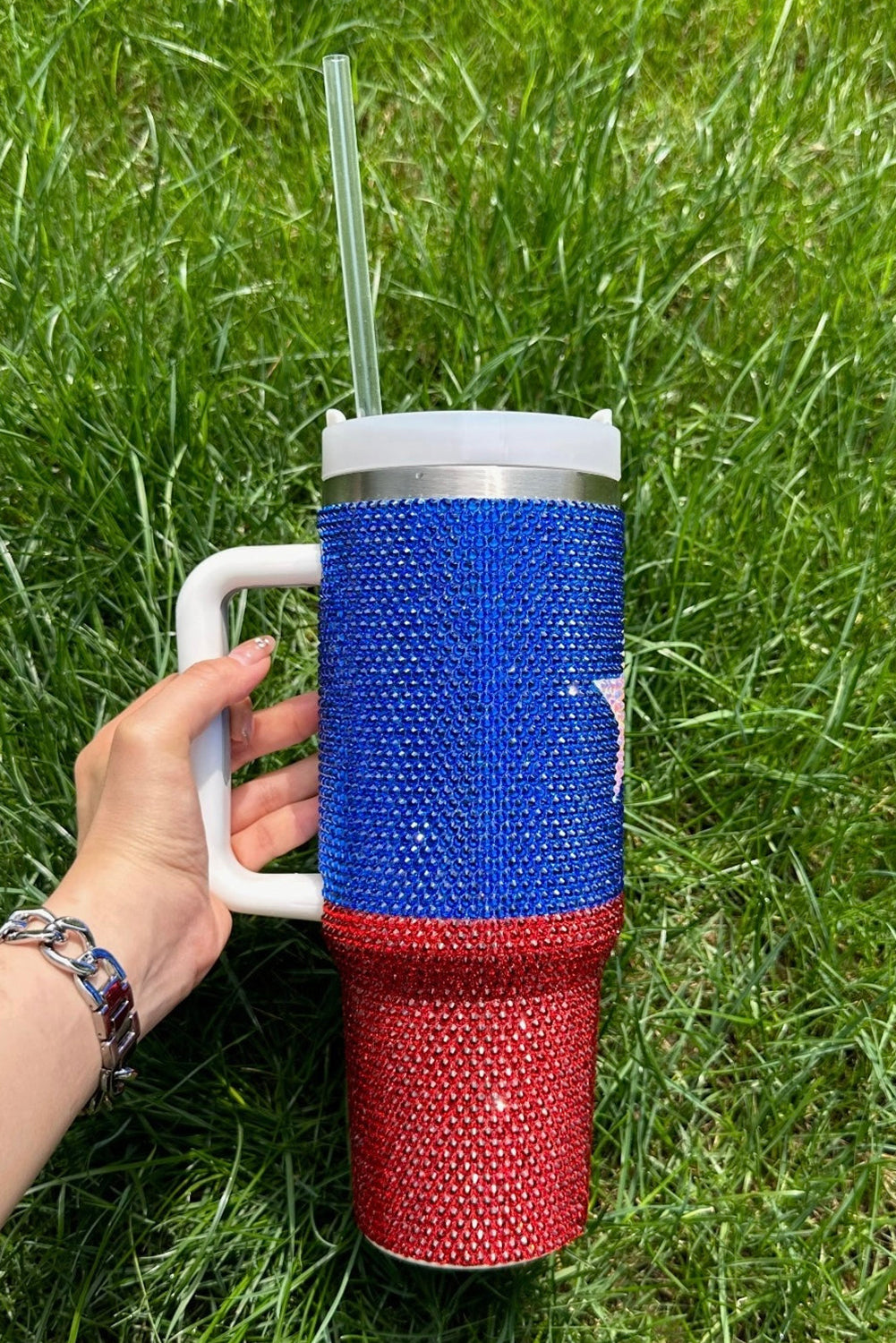 Dark Blue Texas Flag Star Full Rhinestone Handle Tumbler 40oz