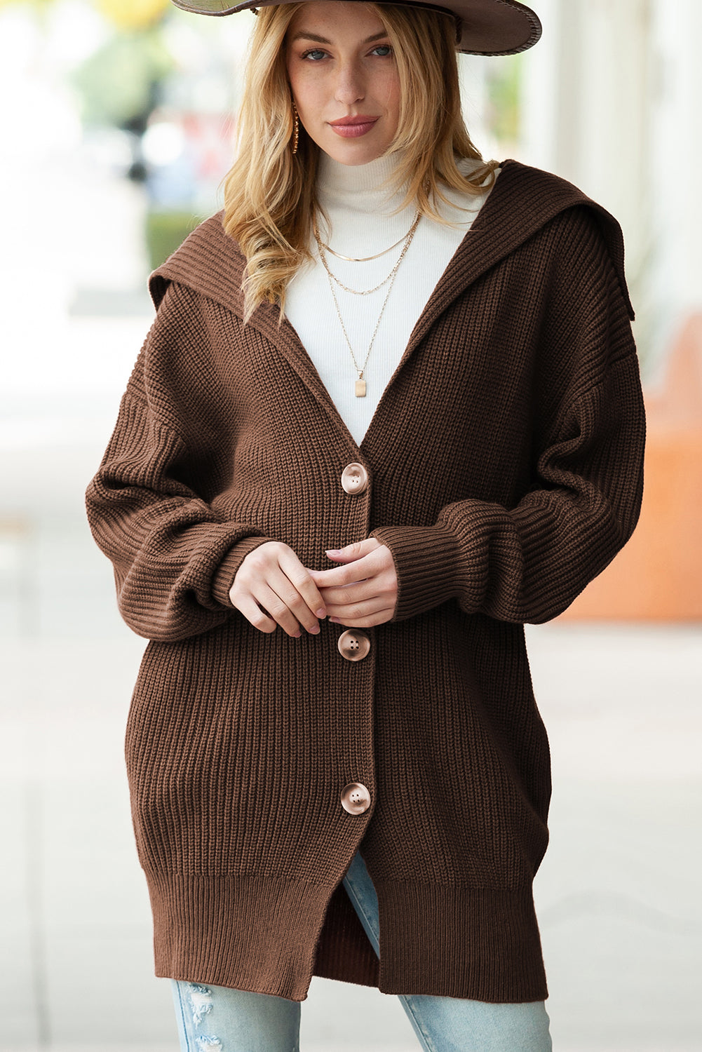 Brown Pocketed Button Up Chunky Knit Cardigan