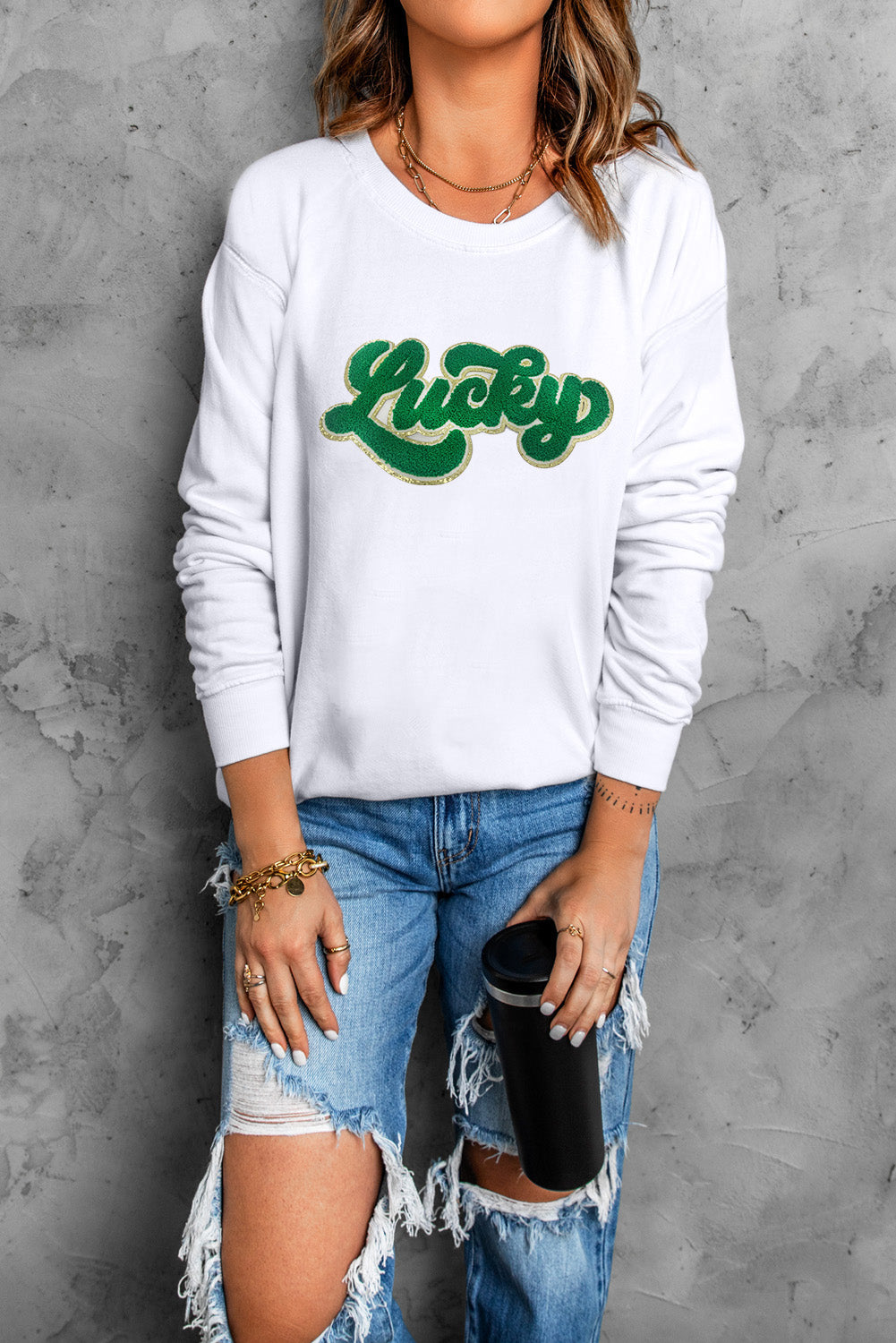 White Shiny Trim Chenille Lucky Letter Graphic Sweatshirt