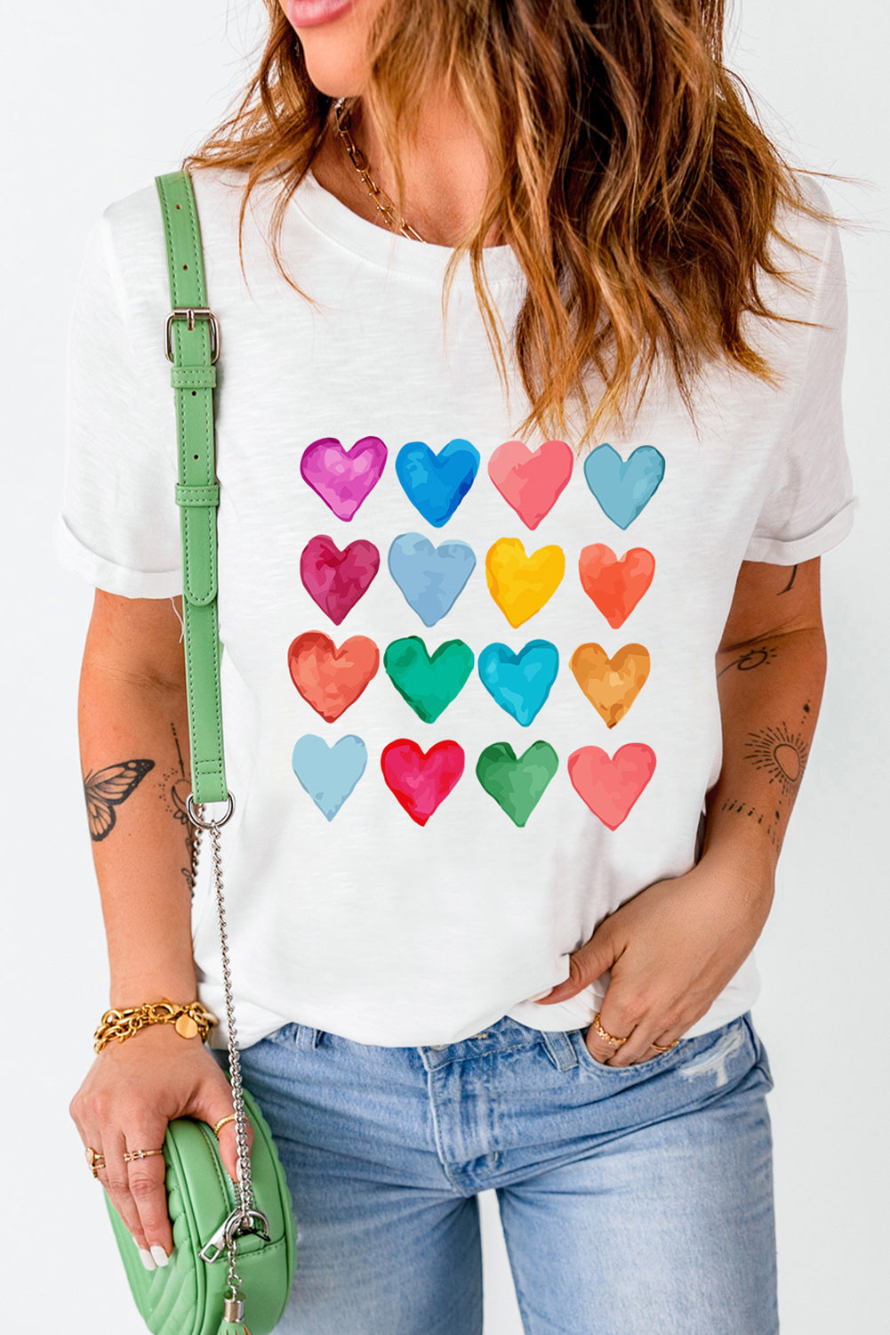 White Colorful Heart Print Graphic Crew Neck T Shirt