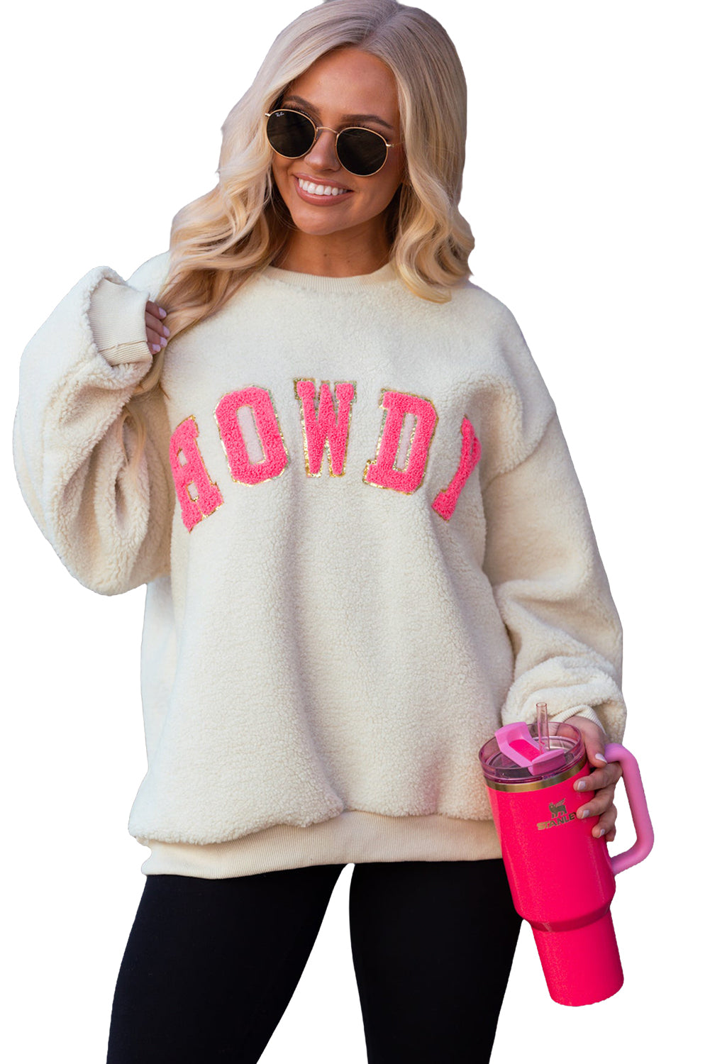 Beige Sherpa HOWDY Patched Pullover Sweatshirt