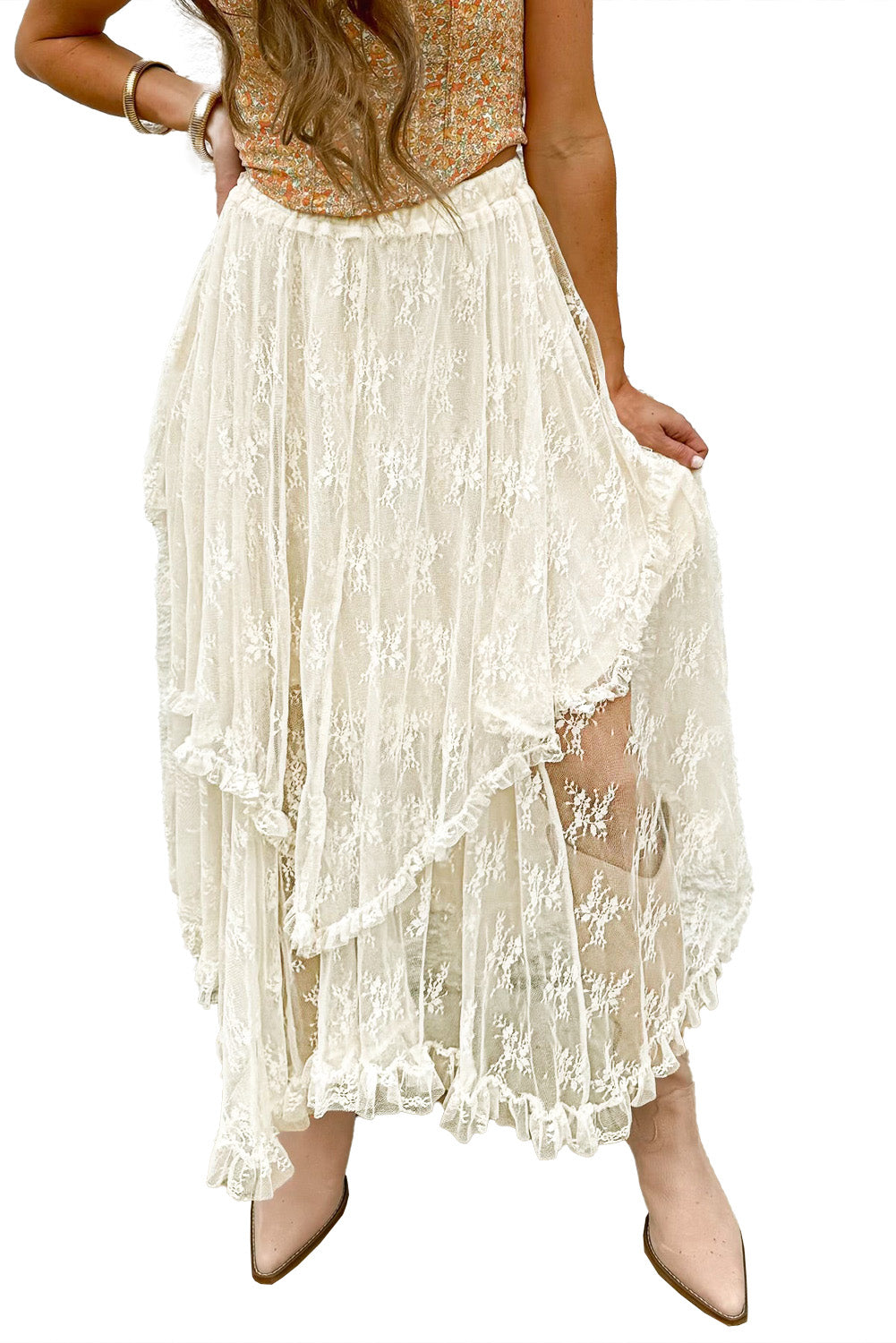 Beige Lace Cascading Tiered High Waist Maxi Skirt