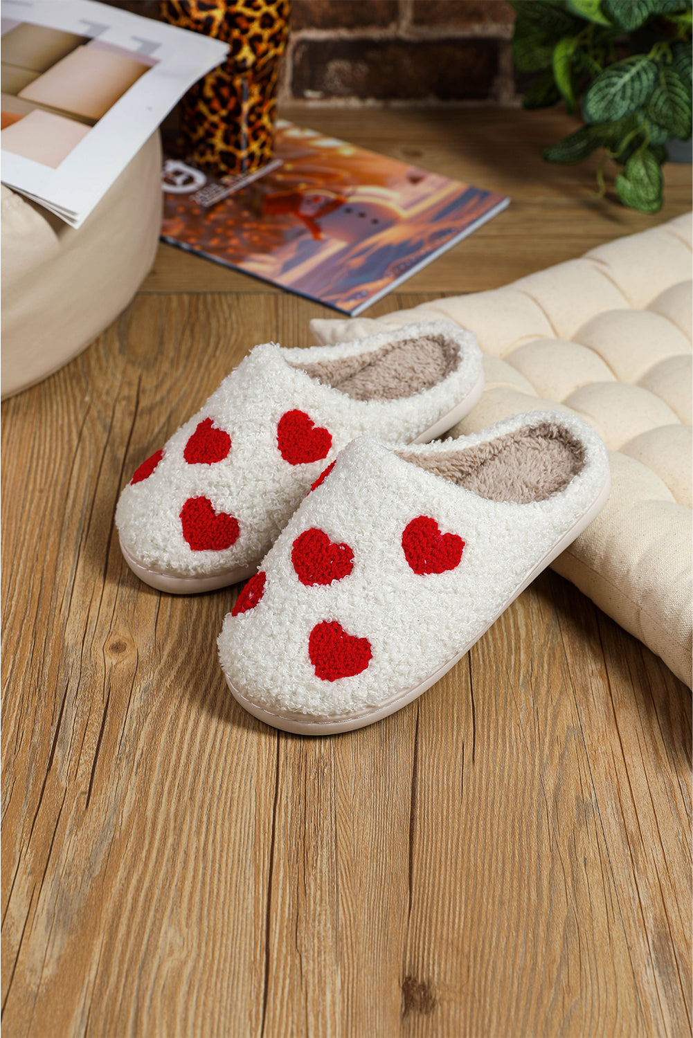 Pink Valentines Day Hearts Print Plush Slippers