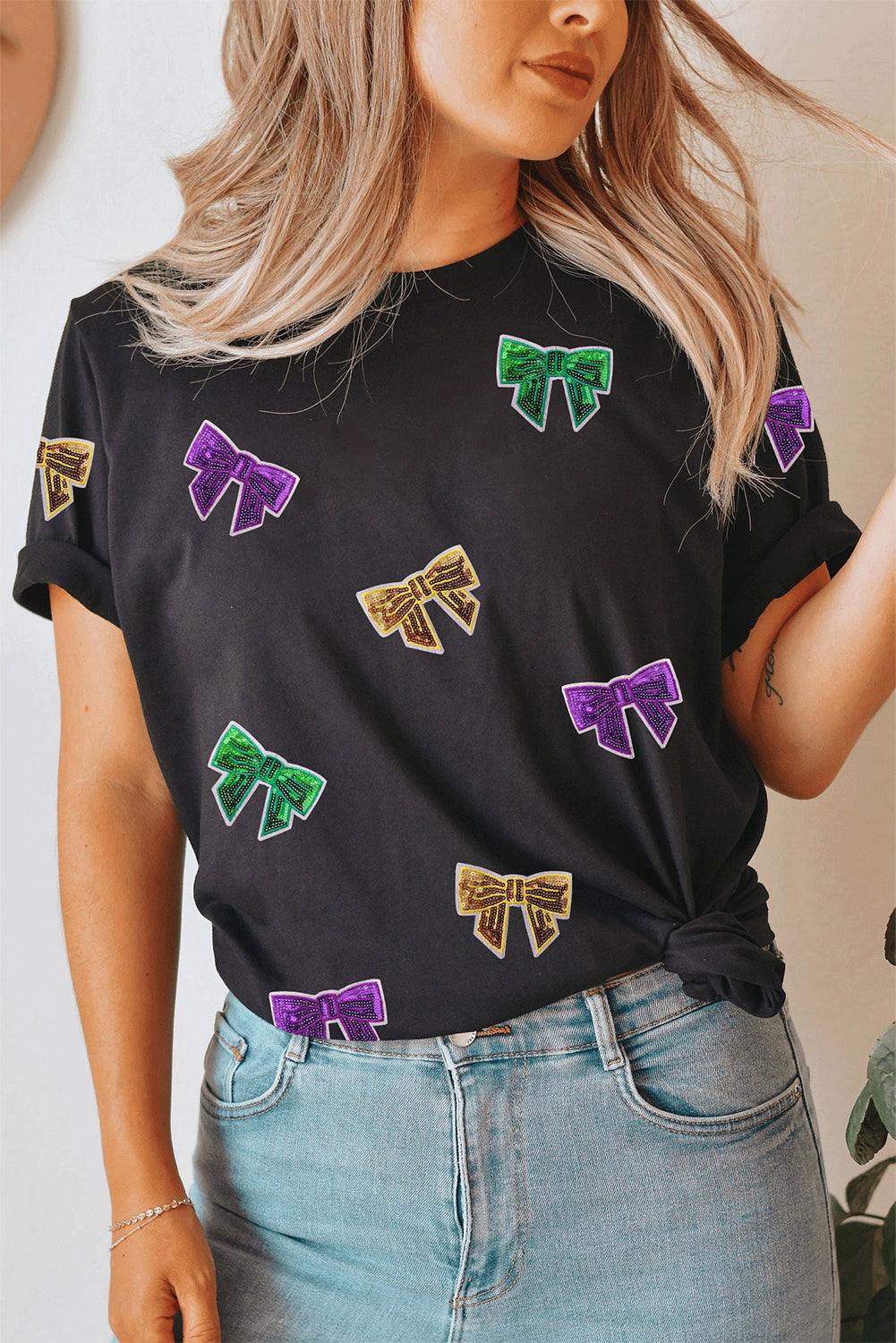 Black Mardi Gras Sequin Bow Knot Crew Neck T Shirt