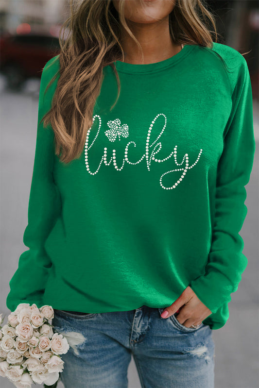 Green Rhinestone lucky Clover Graphic St Patrick Pullover Sweatshirt