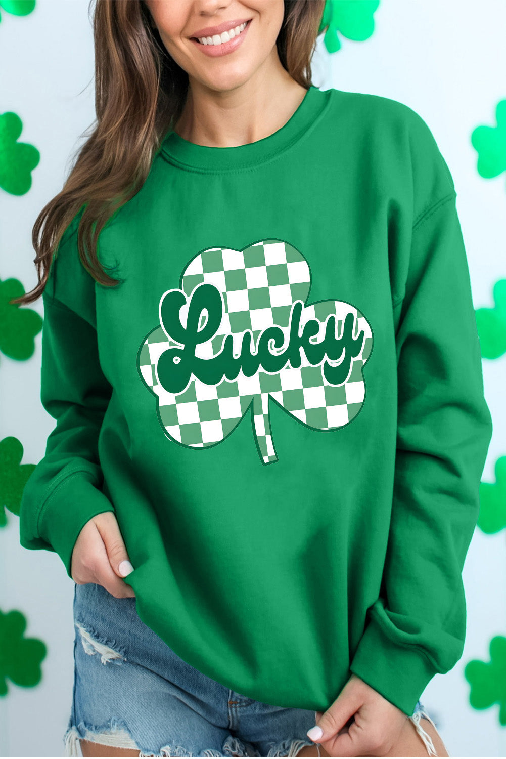 Dark Green St Patricks Checkerboard Clover Lucky Graphic Sweatshirt