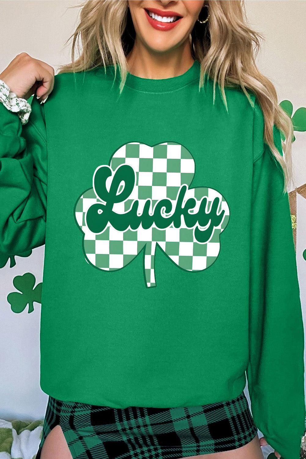 Dark Green St Patricks Checkerboard Clover Lucky Graphic Sweatshirt