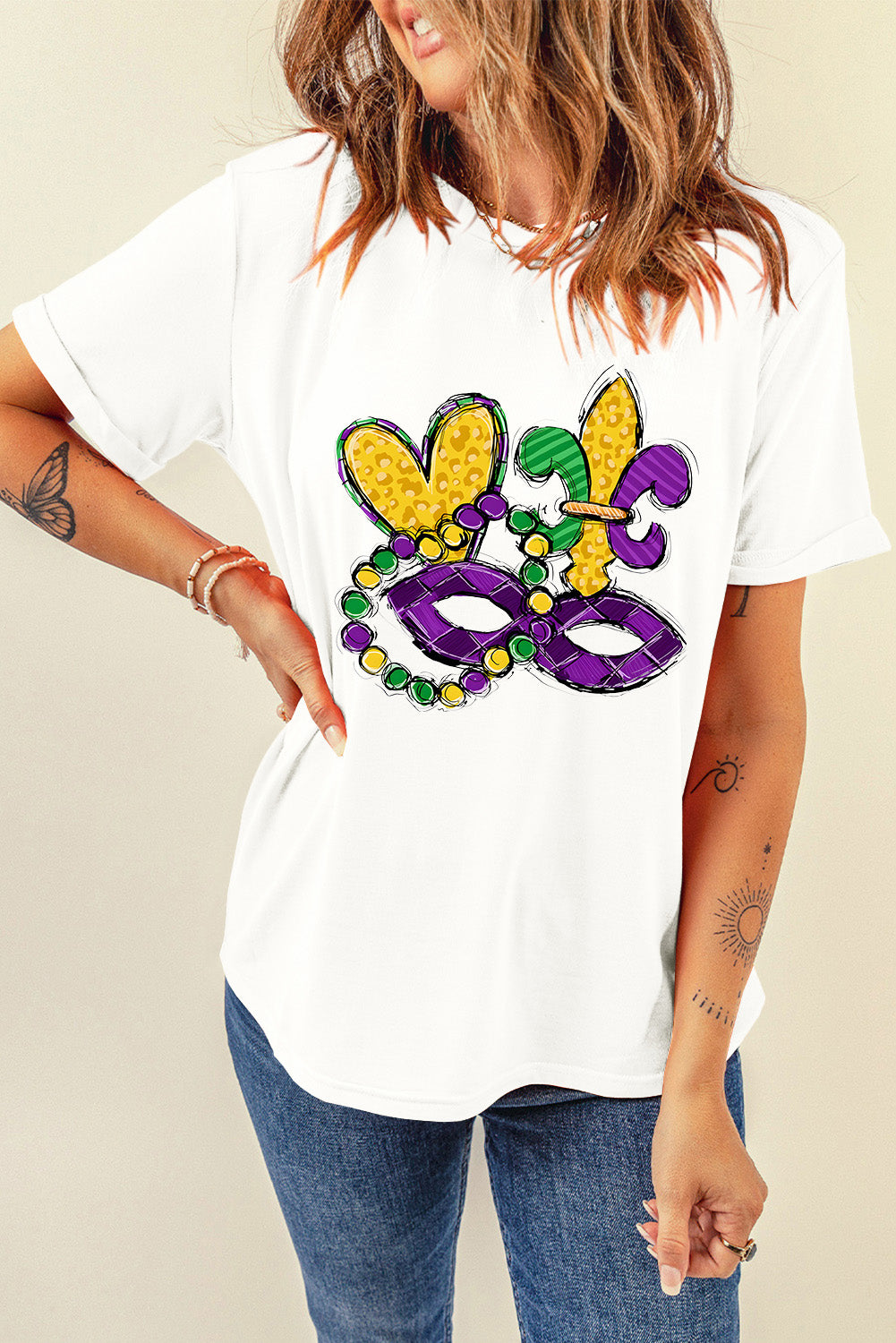 White Mardi Gras Mask Graphic Crewneck Tee