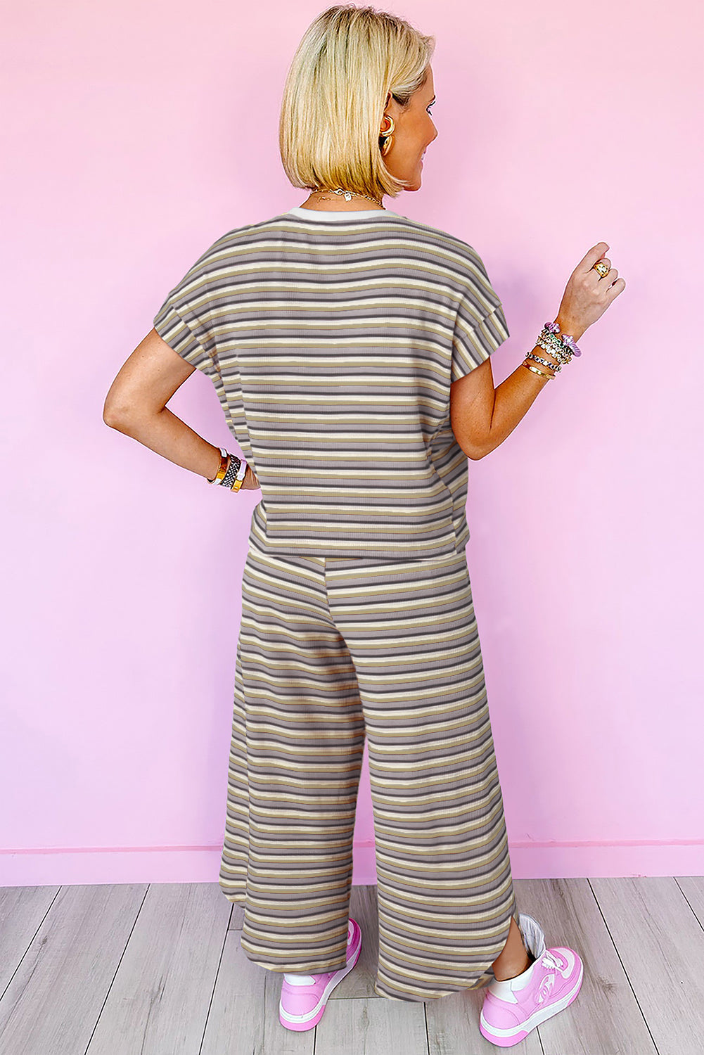 Pink Stripe Rainbow Tee Tasseled String Wide Leg Pants Set