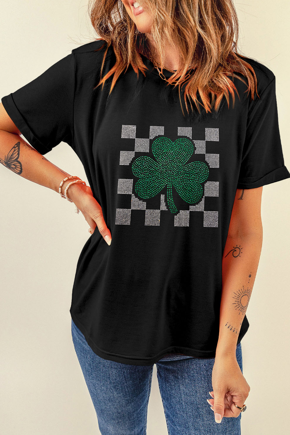 Black Clover Checkered Rhinestone Crew Neck T Shirt