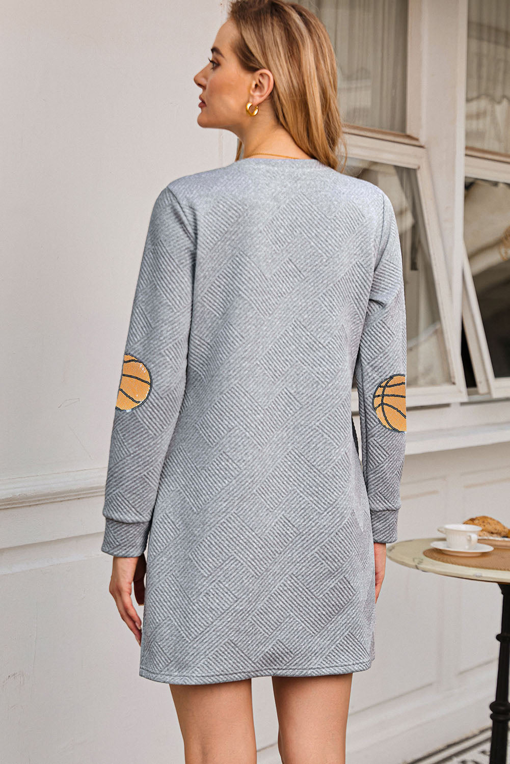 Gray Sequin Basketball Patched Textured Crewneck Shift Mini Dress